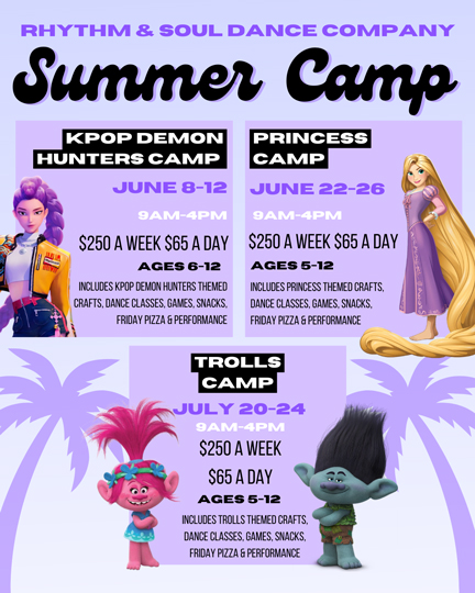 Rhythm and Soul summer camp flyer, including the upcoming Trolls Camp